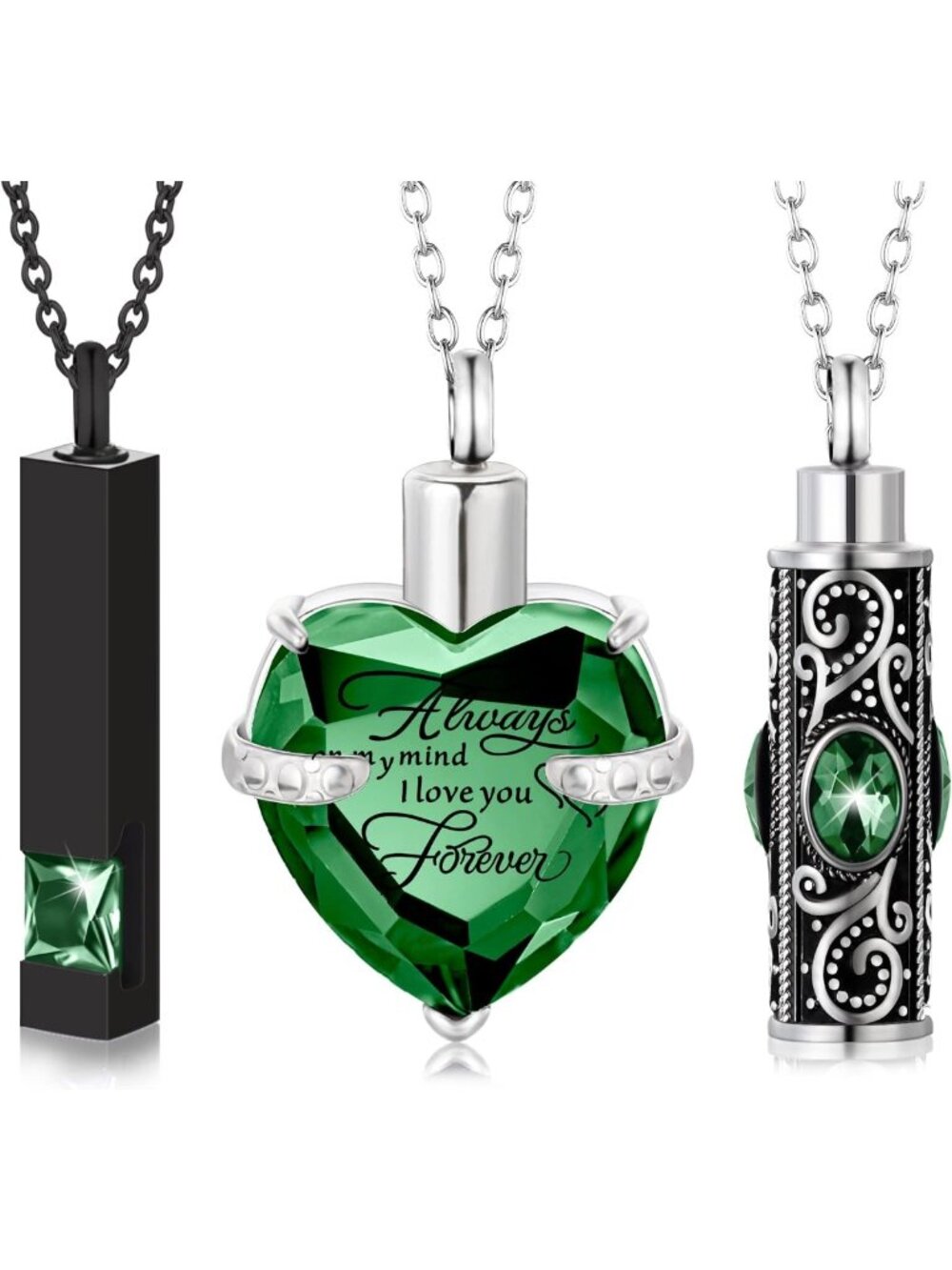 3-Piece Cremation Urn Necklace Set for Ashes - Vertical Bar & Heart Crystal